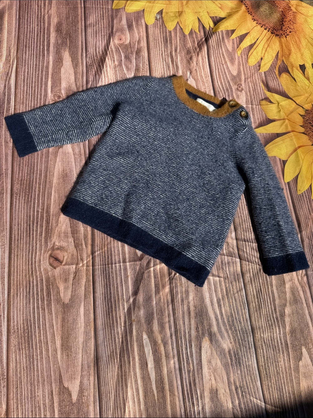 Boden Navy and Gray Knit Sweater with Mustard Neck Trim